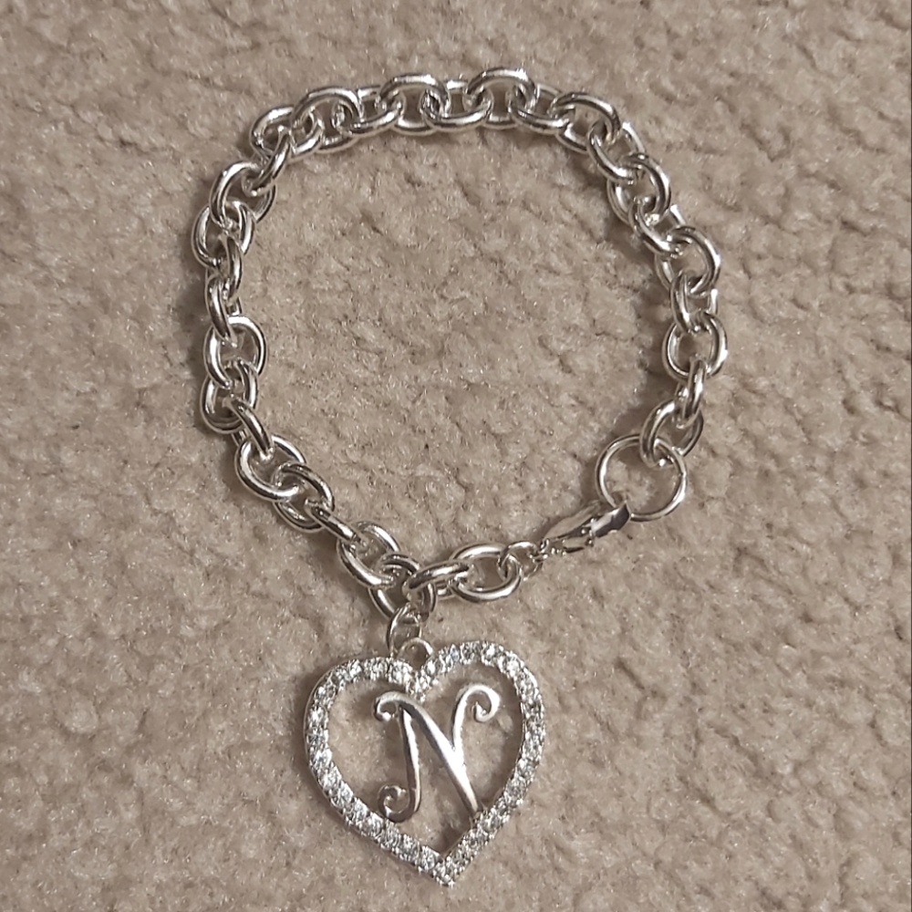 Silver Tone Heart With Inital "N" Chain Link Bracelet